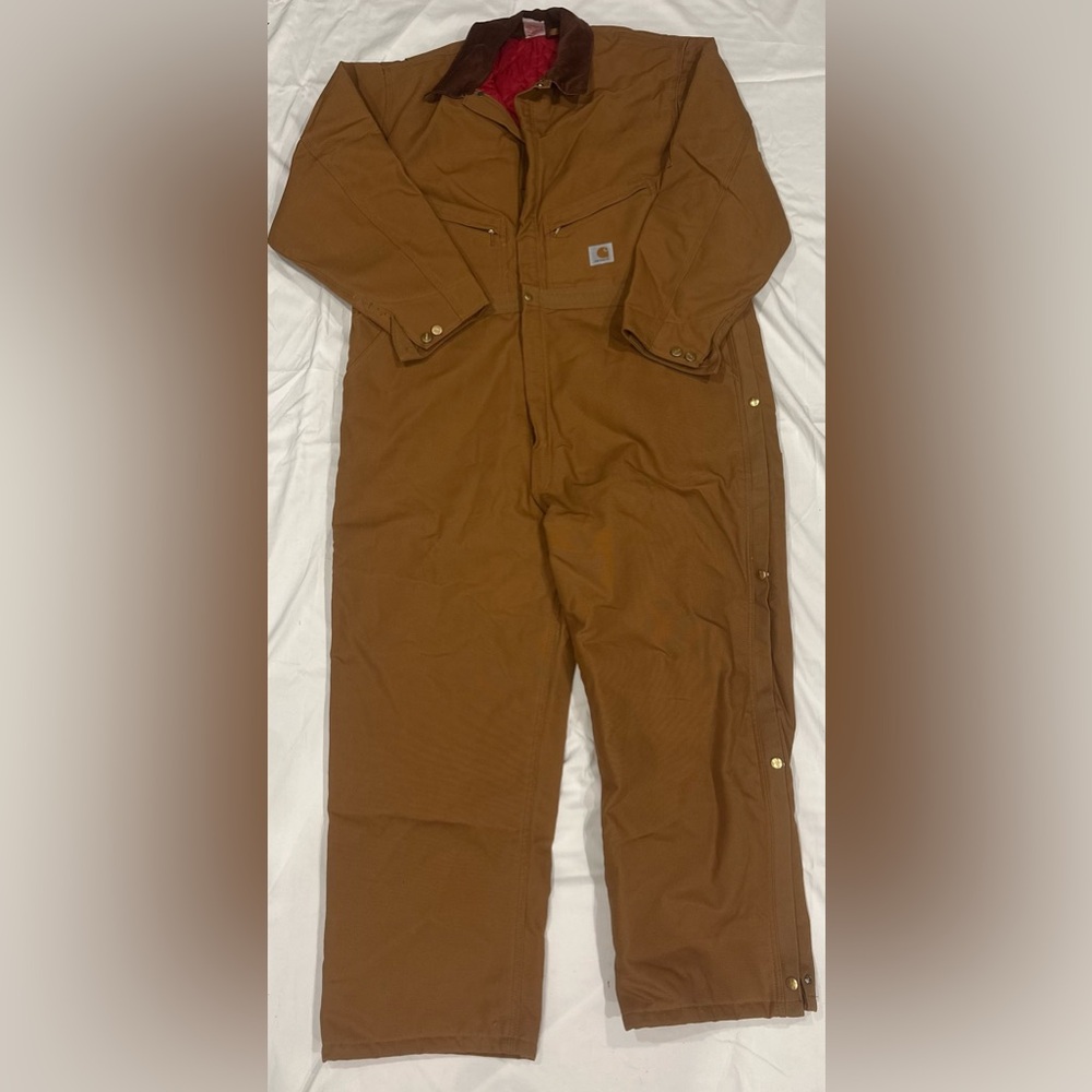 ‘99 Carhartt Coveralls Good Cond. W/ Red Insulated Interior Sz. 52 Short X01 BRN